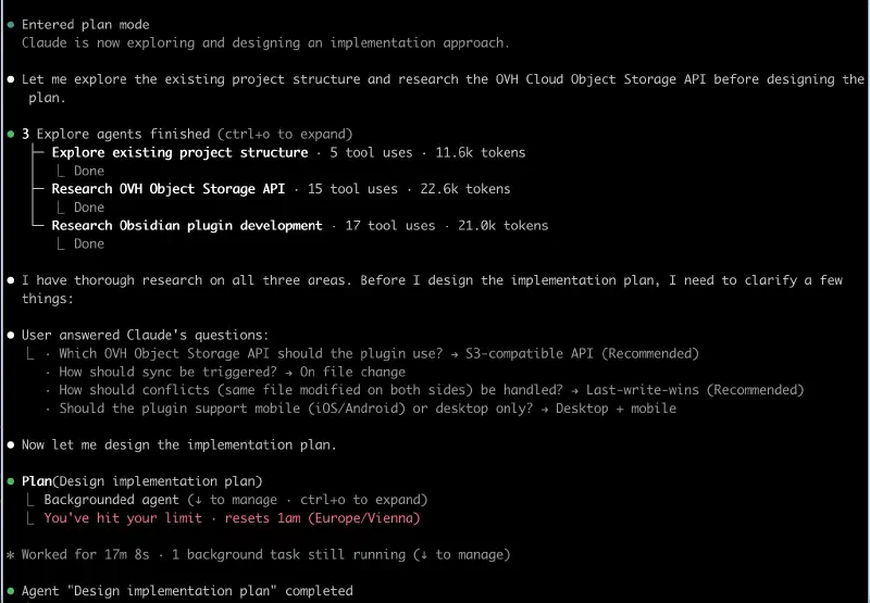 Claude Code doing software engineering planning for an Obsidian sync plugin